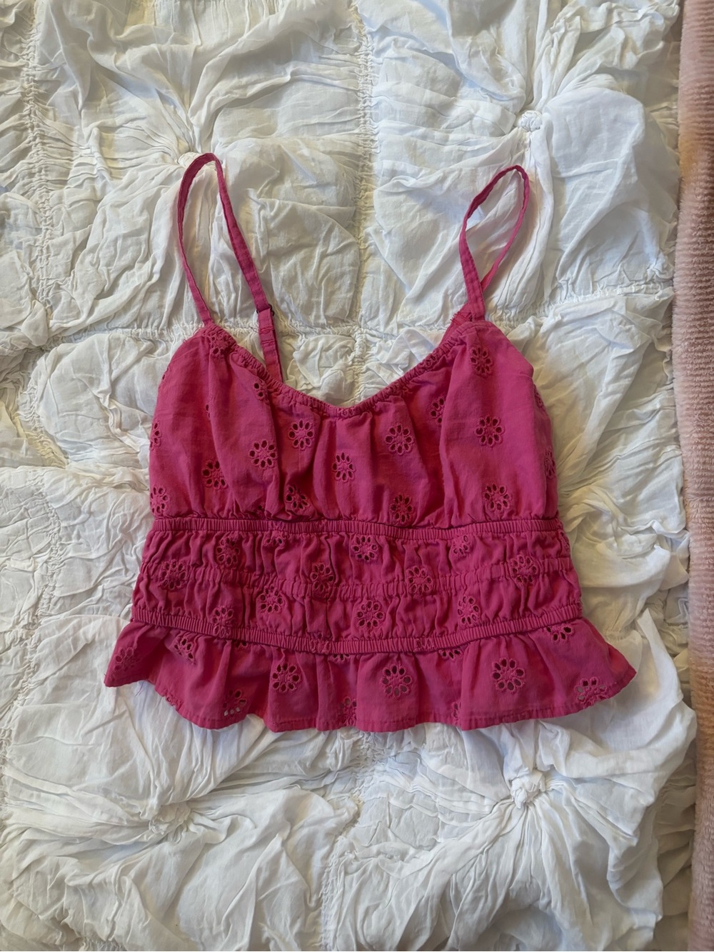 Bluenotes Pink Eyelet Smocked Ruffle Camisole